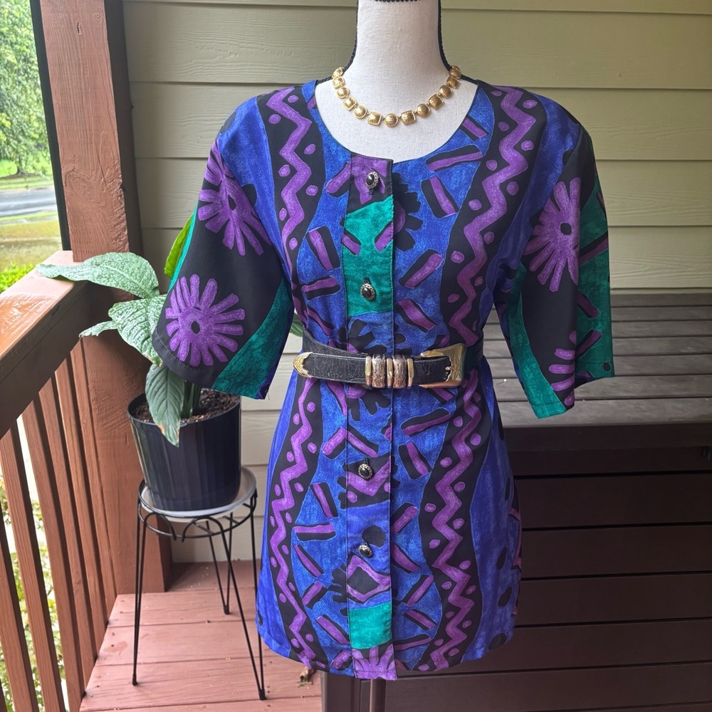 VTG Josephine Purple and Green Patterned Mini Tunic Dress. Size M.